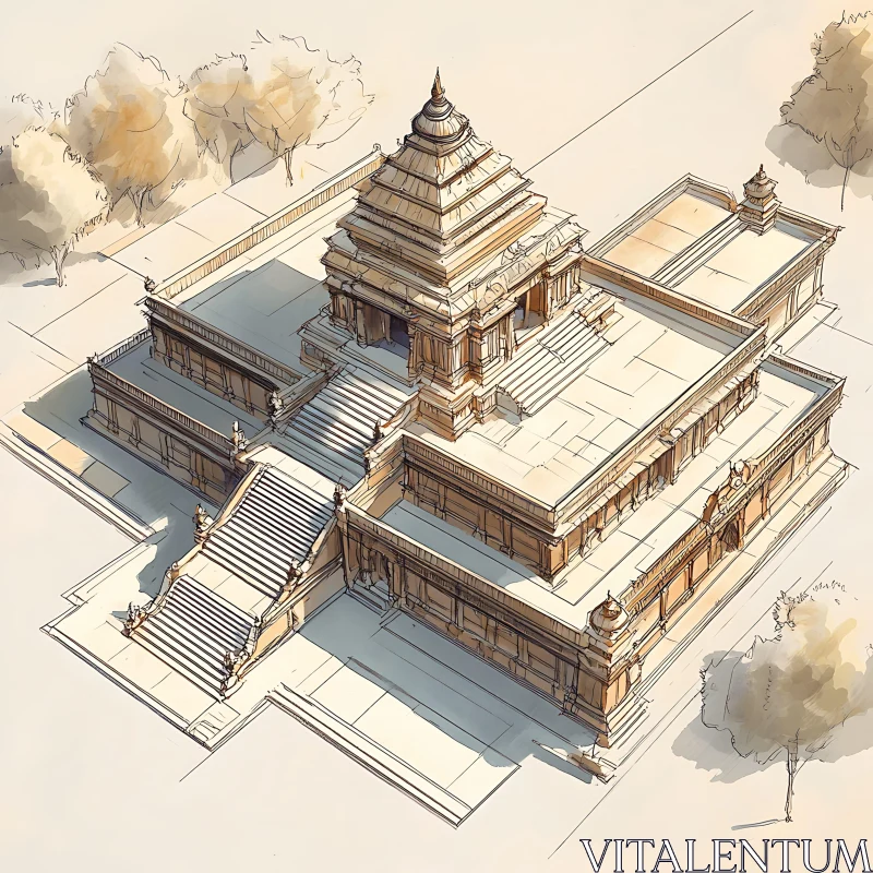 Architectural Sketch of an Ancient Temple AI Image