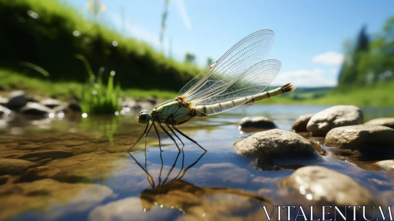 Detailed Illustration of a Large Dragonfly on Rocks Near a Stream AI Image