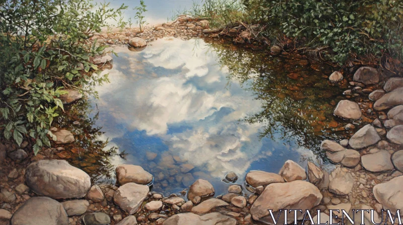 AI ART Peaceful Pool with Sky Reflection and Stones