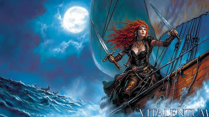 AI ART Female Pirate with Swords Under Moonlight