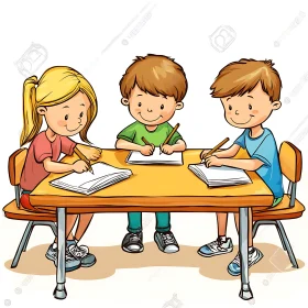 Kids Writing at Table Cartoon Art