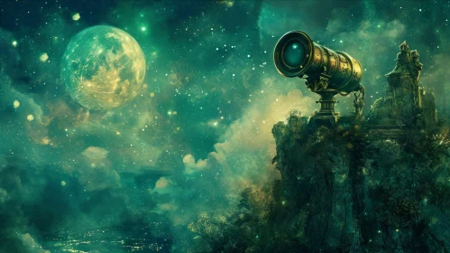 Enchanting Night Sky with Old Telescope and Moon | Digital Fantasy Landscape