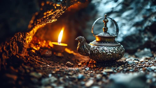 Enigmatic Still Life: Silver Teapot in a Mysterious Cave