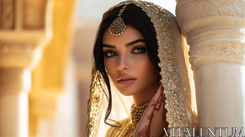 Golden Veil Beauty: A Portrait of Elegance AI Image