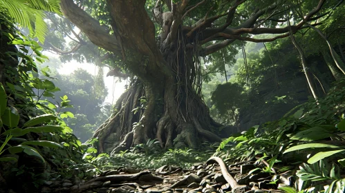 Lush Jungle Scene with Massive Tree and Abundant Vegetation