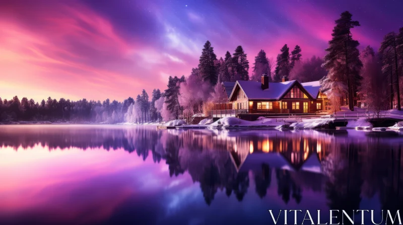 Snowy Lake Reflection at Sunset - Dreamlike Cabincore Scene AI Image