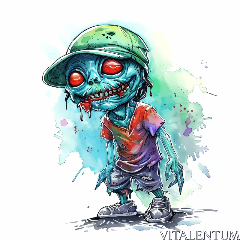 Zombie Child Cartoon Illustration with Watercolor Background AI Image