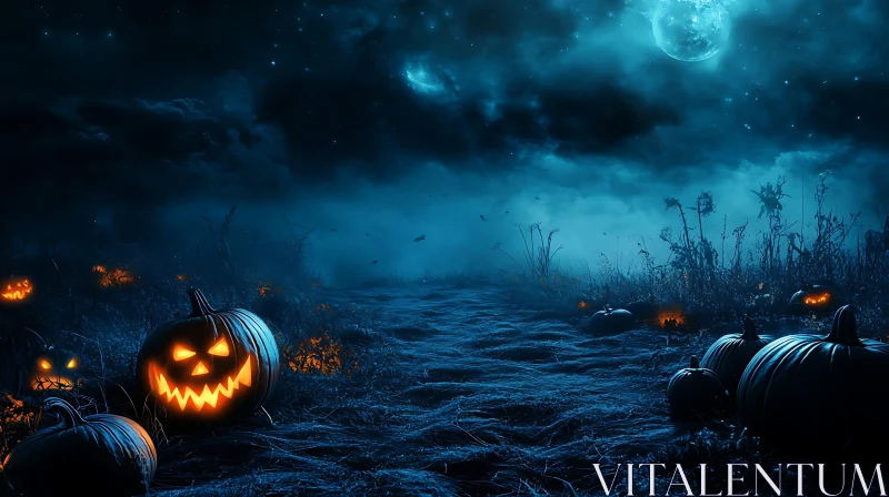 Mystical Halloween Pumpkin Patch at Night AI Image