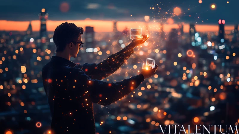 Man with Glowing Cubes in City AI Image