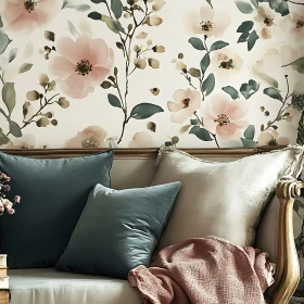 Floral Wallpaper and Sofa with Cushions