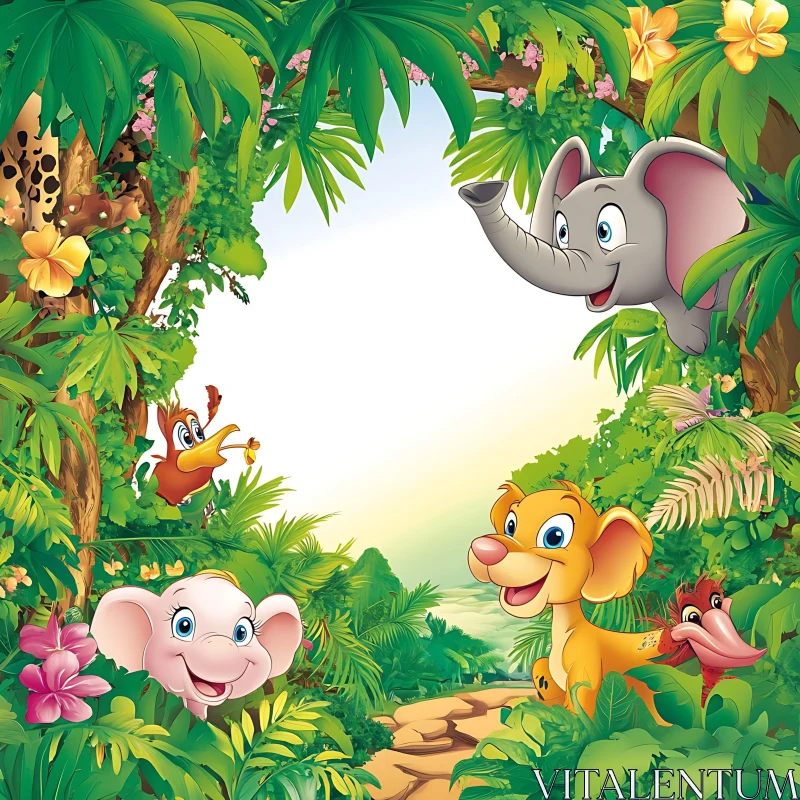 Joyful Animals in a Lush Jungle Illustration AI Image