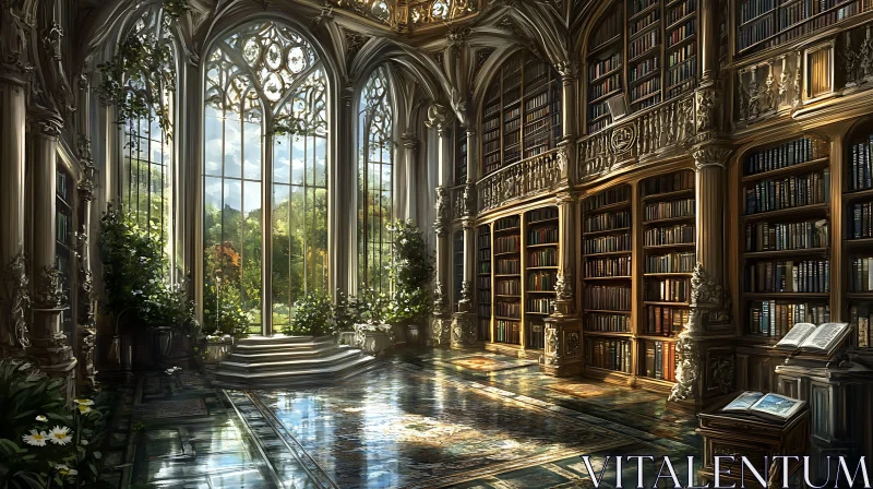 AI ART Elegant Library with Arched Windows