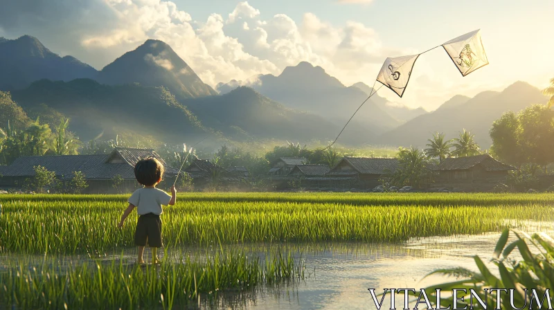 Boy with Kite in Rice Paddy Field AI Image