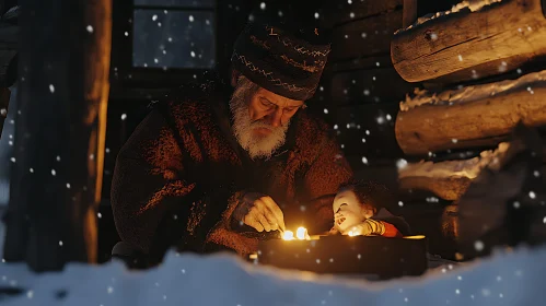 Old Man Lighting Candles with Doll