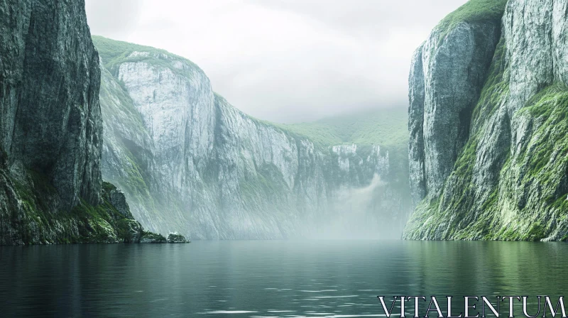 AI ART Tranquil Fjord with Lush Cliffs and Fog