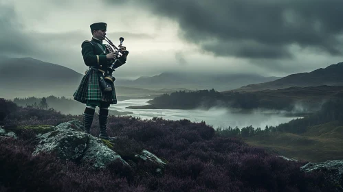 Bagpiper in Misty Scottish Highlands