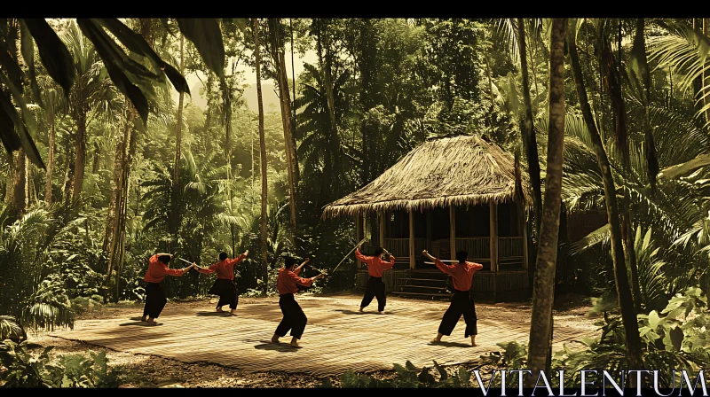 Swordsmen Training in Tropical Forest AI Image