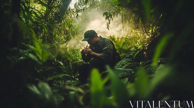 AI ART Man Lighting Cigarette in Green Forest