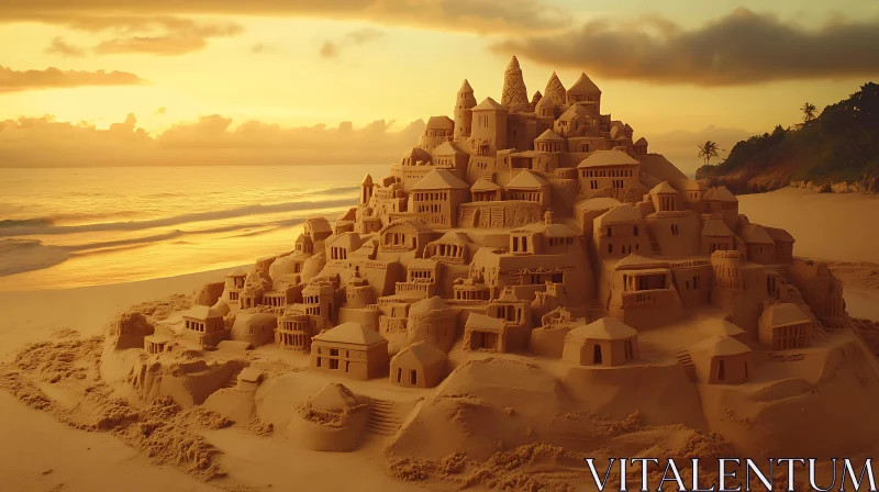 Beachfront Sandcastle at Sunset AI Image