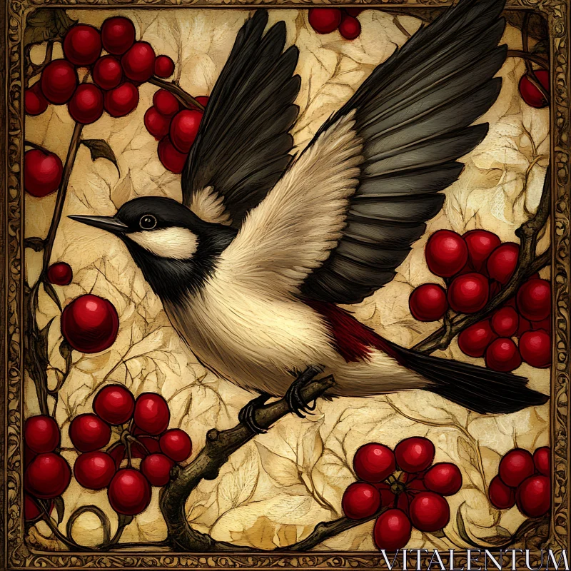 Bird Among Berries Art AI Image