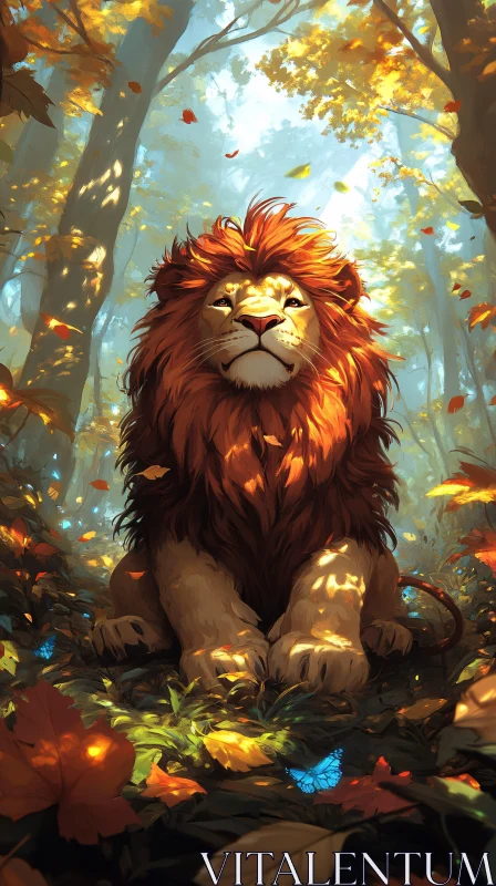 AI ART Regal Lion Among Falling Leaves