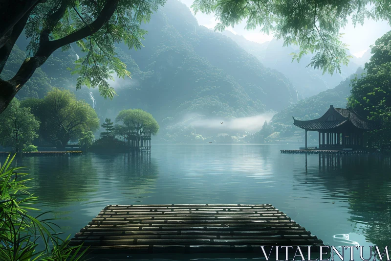 Tranquil Mountain Lake Scenic View AI Image