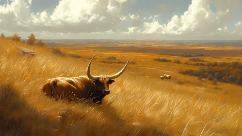 Peaceful Scenery with a Resting Texas Longhorn