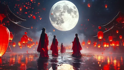 Crimson Figures Under Moonlight