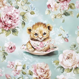 Floral Tea Cup with Lion Cub