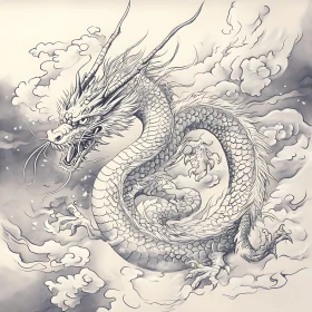 Detailed Dragon Drawing with Cloudscape