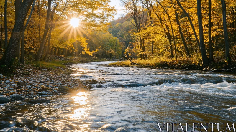 Golden Sunlight Reflecting on River in Fall Forest AI Image