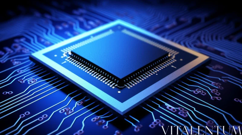 Blue Electronic Circuit Chip on Smooth Background AI Image