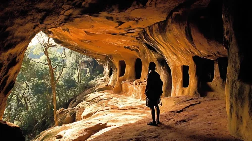 Person in Cave with Forest View