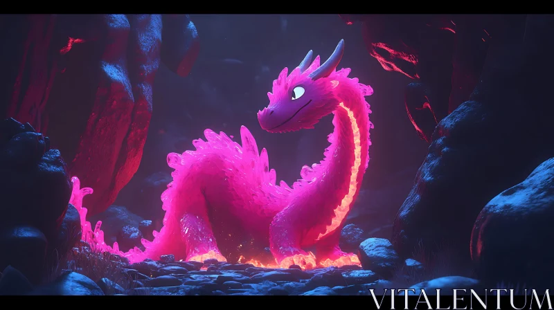 AI ART Glowing Pink Dragon in Shadowy Cave