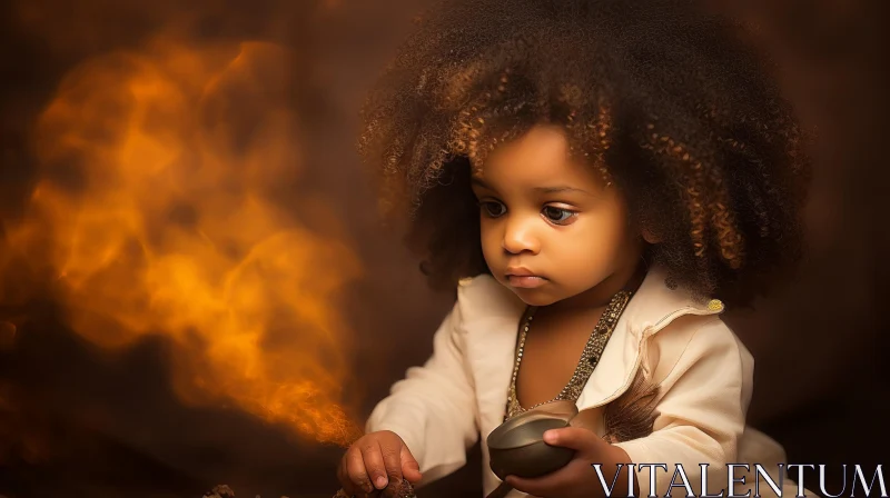 Captivating Afro-haired Toddler Sitting Near a Mesmerizing Fire AI Image