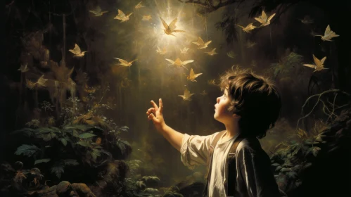 Captivating Forest Artwork: A Young Boy Amidst Majestic Trees and Soaring Birds