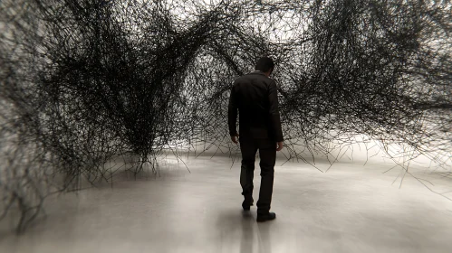 Man Confronting Abstract Line Structure