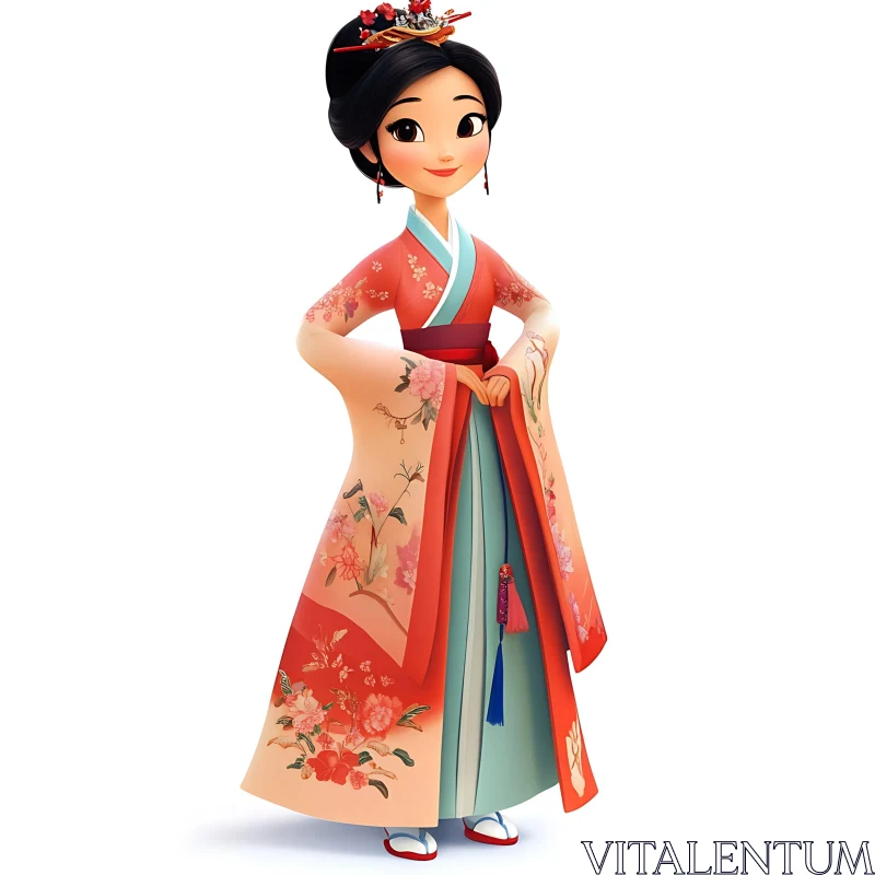 Cartoon Girl with Traditional Asian Dress AI Image