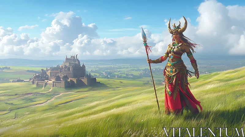 Fantasy Warrior with Spear and Distant Castle AI Image