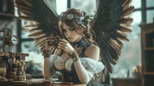 Winged Mechanic in Steampunk Style