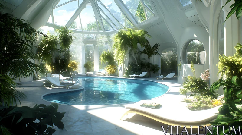 Glass-Enclosed Pool Area with Lush Plants AI Image