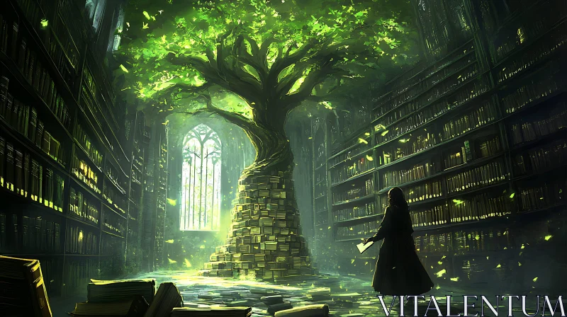 AI ART A woman in a library with a tree