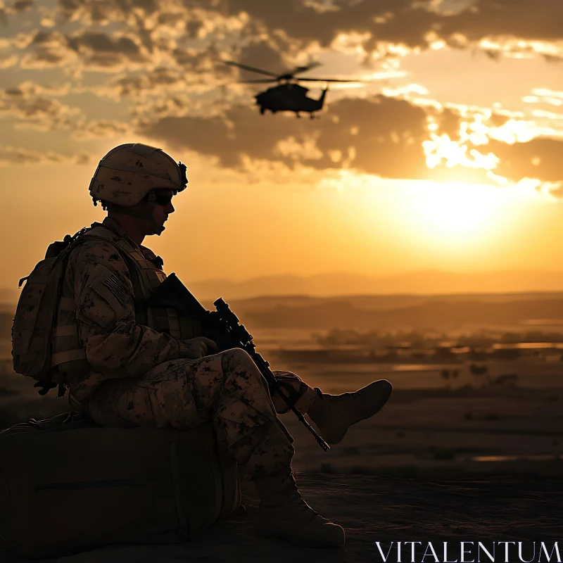 Silhouette of a Soldier at Sunset AI Image