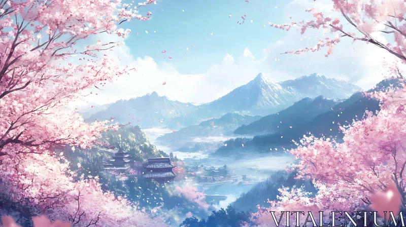 AI ART Serene Mountain View with Cherry Blossoms