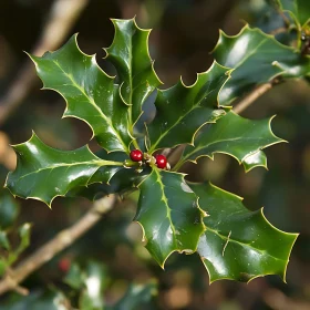 Holly Leaves and Red Berries Close-Up