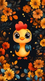 Cute Cartoon Chick with Orange Flowers
