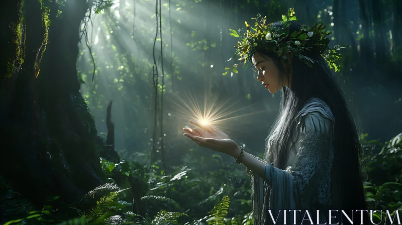 AI ART Mystic Woman Holding Light in Forest