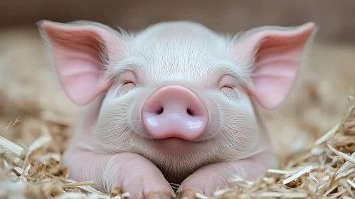 Peaceful Piglet Resting in Straw