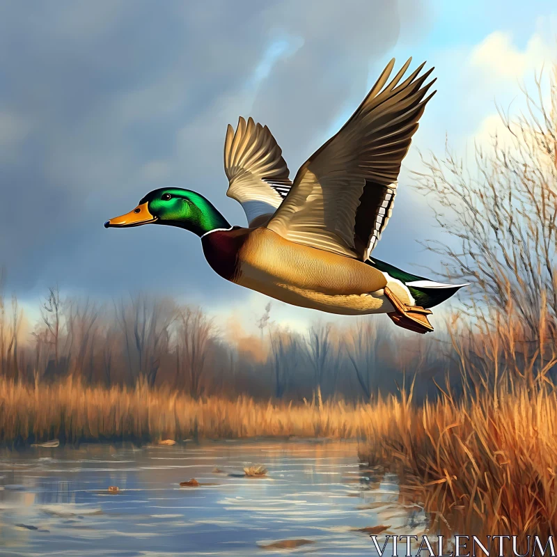 Flying Mallard Duck Above the Lake AI Image