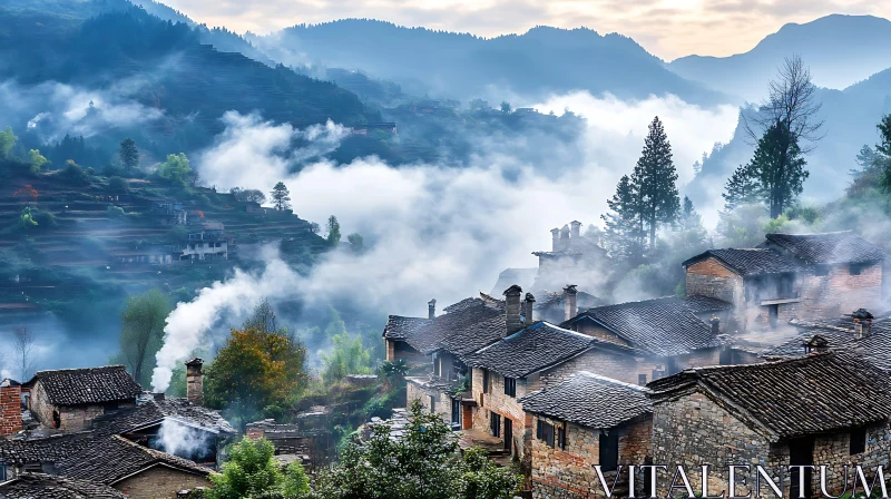 Foggy Mountain Village Landscape AI Image